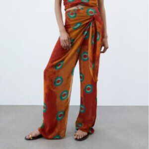 NWT Zara Orange Printed Flowy Wrap Waist Layered Semi Sheer Pareo Trouser Pants